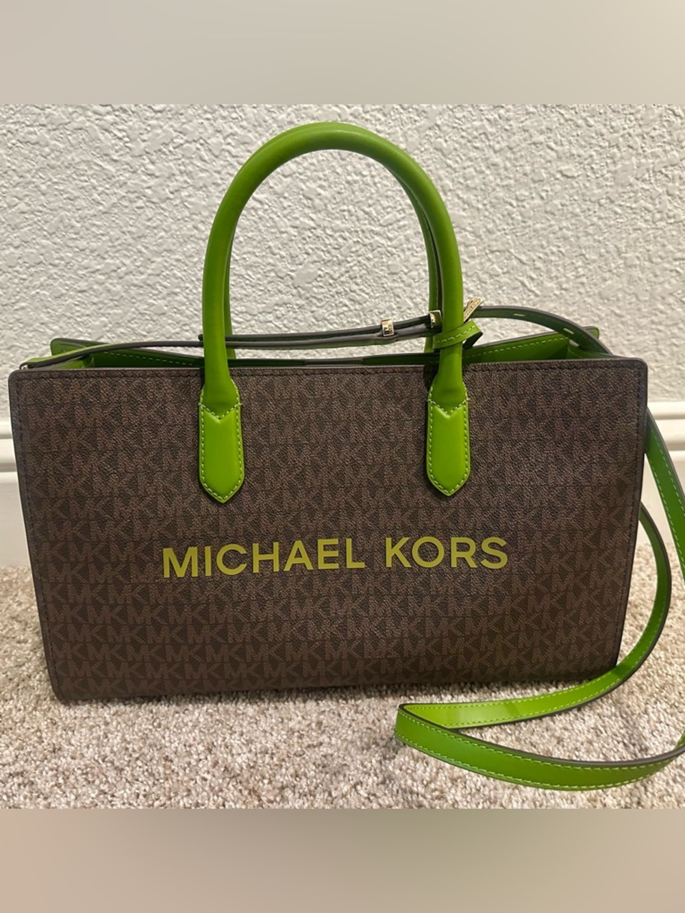 Michael Kors Brown Monogram Tote with Lime Green Accents